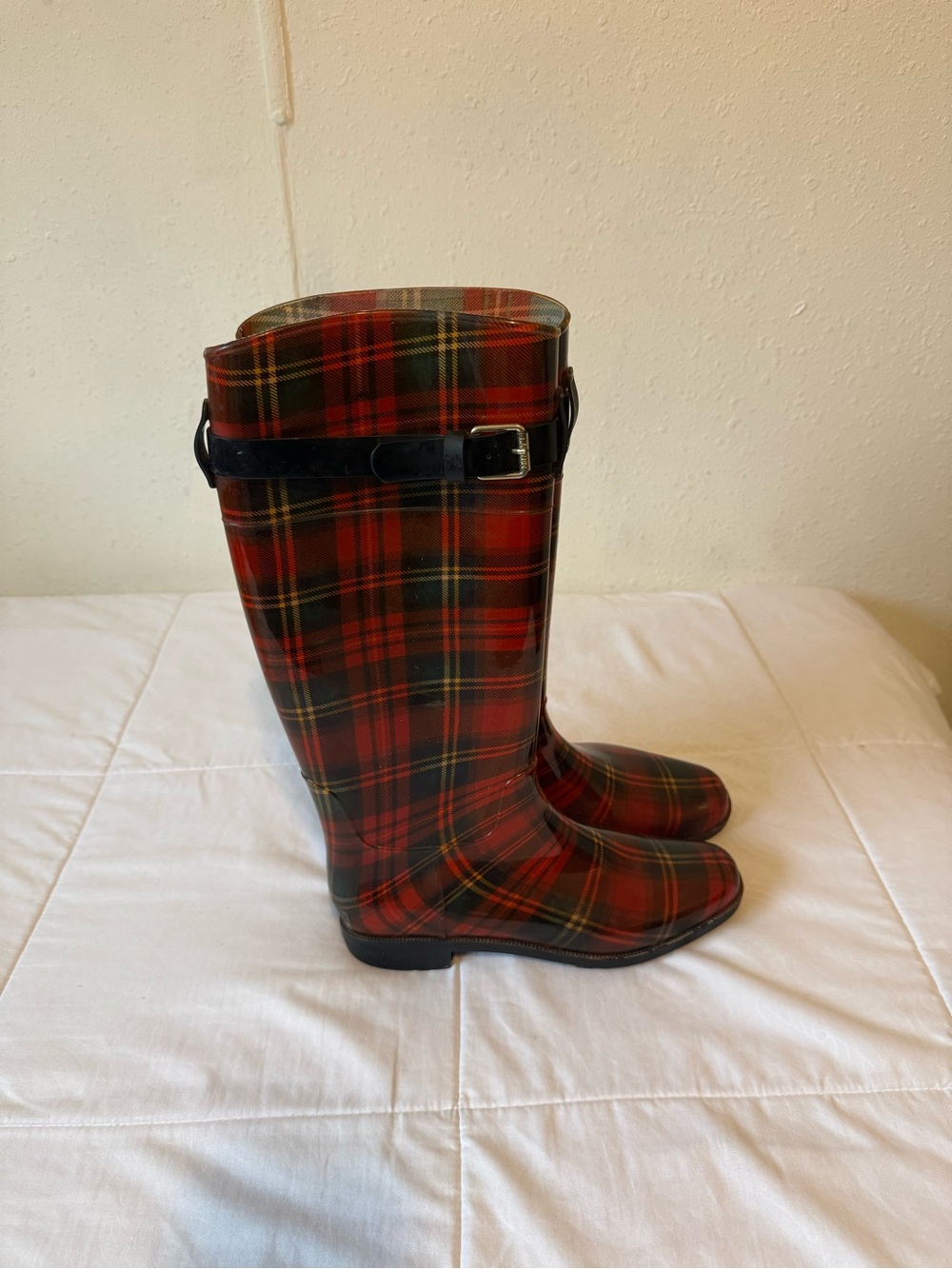 Lauren Ralph Lauren Red Plaid Rain Boots with Black Trim